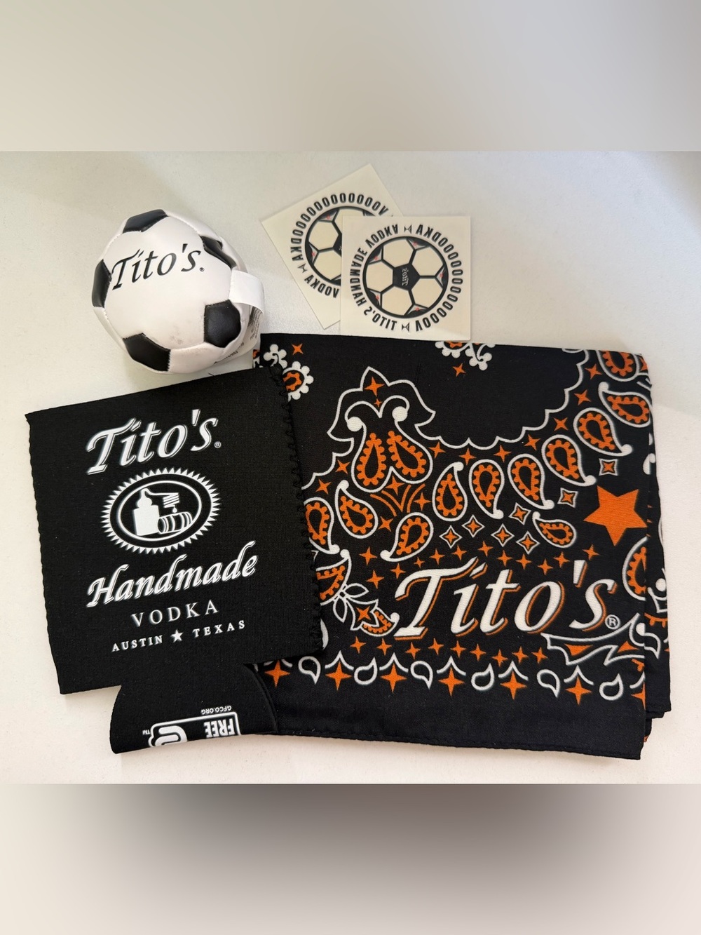Tito's Black Can Cooler Koozie, Bandana, & Fidget Stress Ball